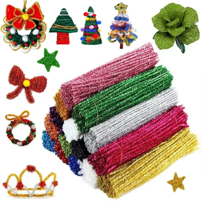 100Pcs Colorful Glitter Chenille Stems Pipe Cleaners Christmas Supplies Handmade Plush Tinsel Twist Sticks For DIY Art and Craft