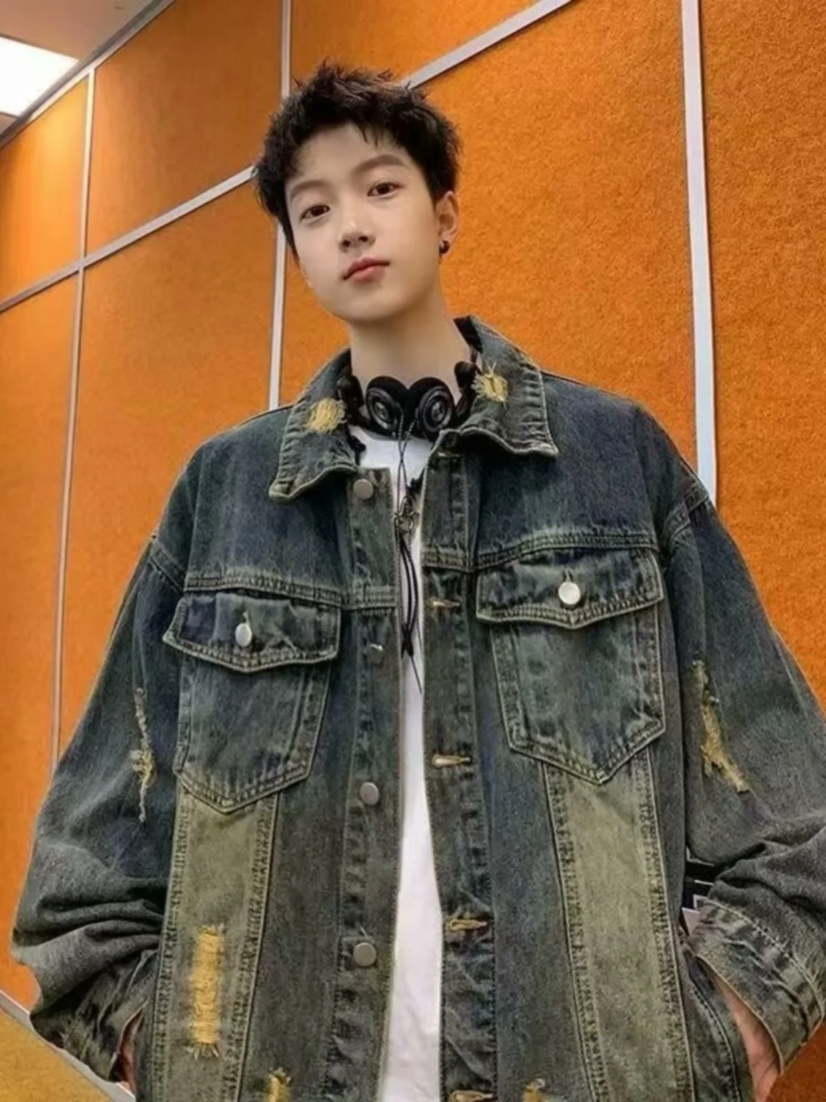 

Retro Waed Denim Jaet Men's Spring Autumn 2025 New Hole American High Street Casual Jaet Trendy Youth Travel