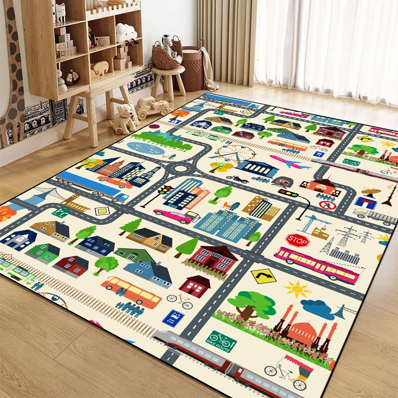 Cartoon City Traffic Carpet Children\'s Play Mat Fluffy Soft Large Area Rug Non-slip City Roadmap Traffic Signs Kids Educational