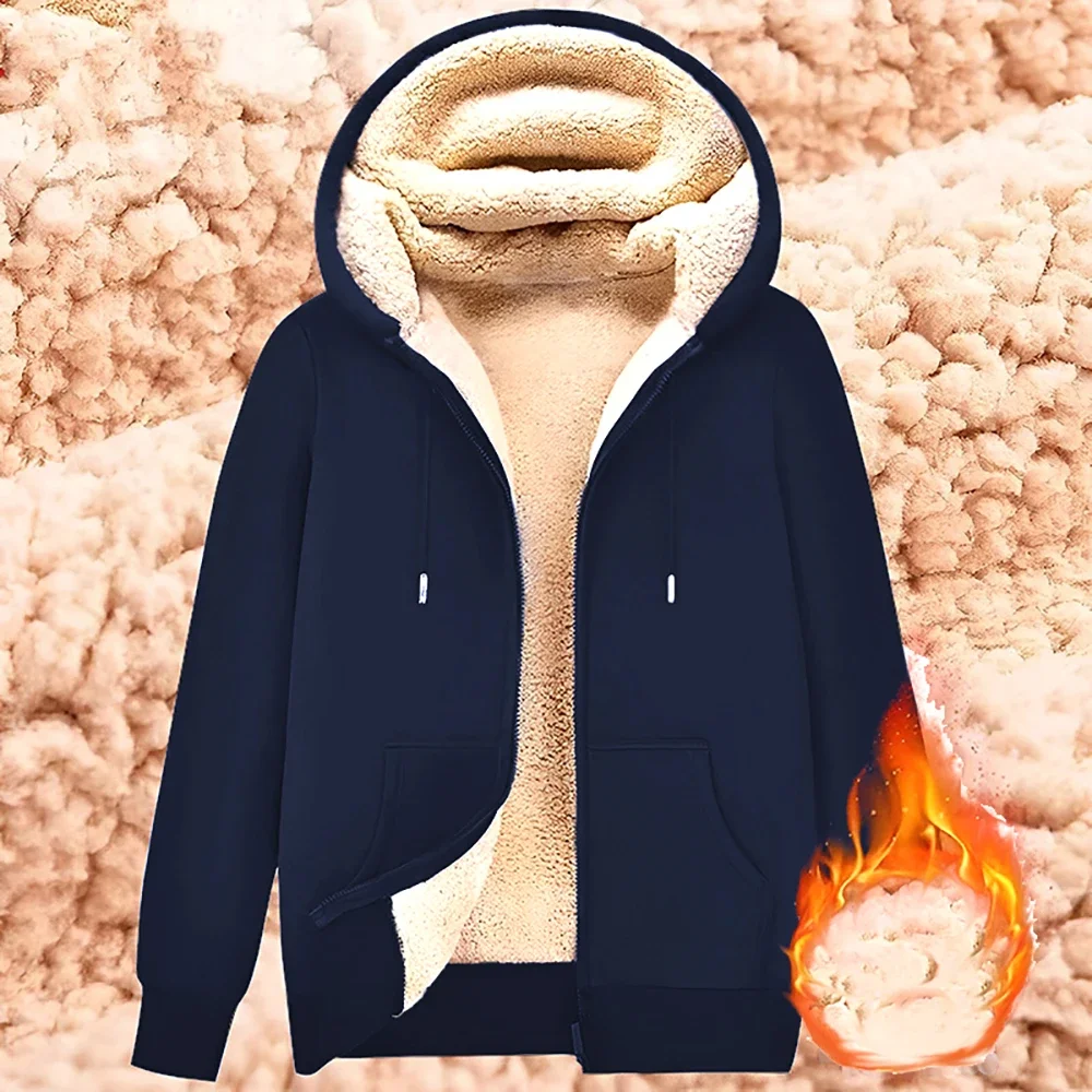 Sweat-shirt tendance avec poches avant, veste chaude en laine d'agneau avec fermeture éclair pour hommes et femmes, Cardigan d'hiver doublé en peluche de couleur Pure