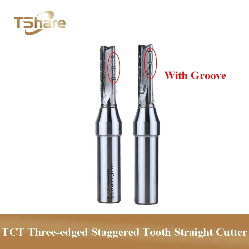 

TShare 1PC 1/2 Shank TCT Three-edged Staggered Tooth Straight Cutter For Plywood Chipboard MDF