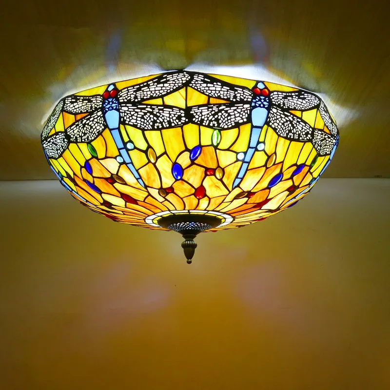 OUFULA Tiffany Ceiling Light American Countryside Bedroom Study Modern Creative Bar Counter Corridor Colored Glass Ceiling Light