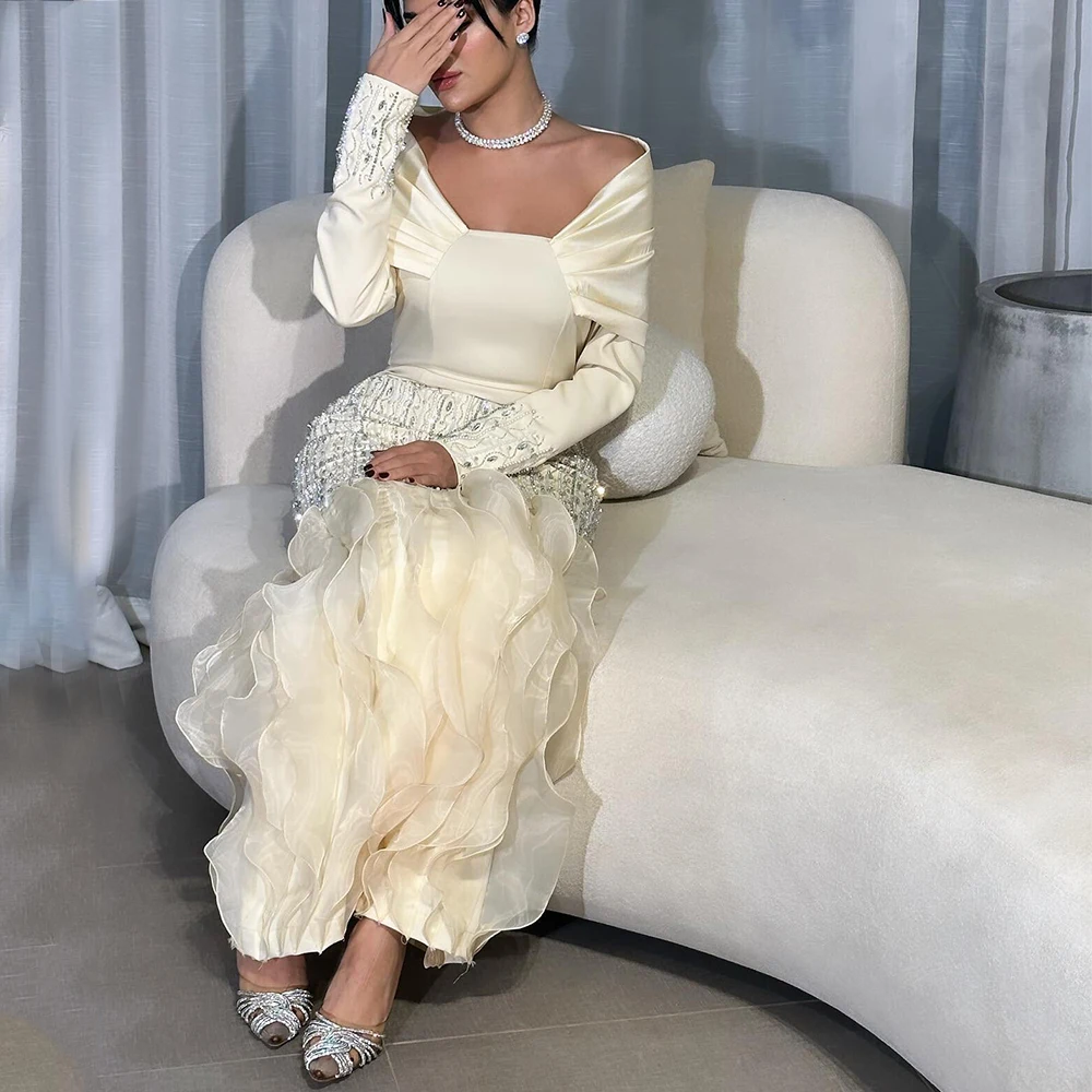 Dream Beaded Evening Dress Off the Shoulder Long Sleeves with Ruffles Customized Women Occasion Formal Ankle Length Prom Gowns