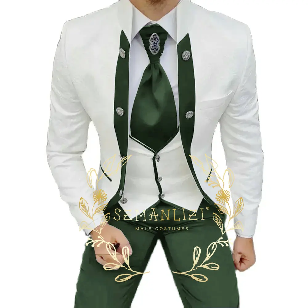 Fashion White Suits Men Formal Party Business Blazer Stand Collar Wedding Groom Tuxedo 3 Piece Jacket Vest Pants