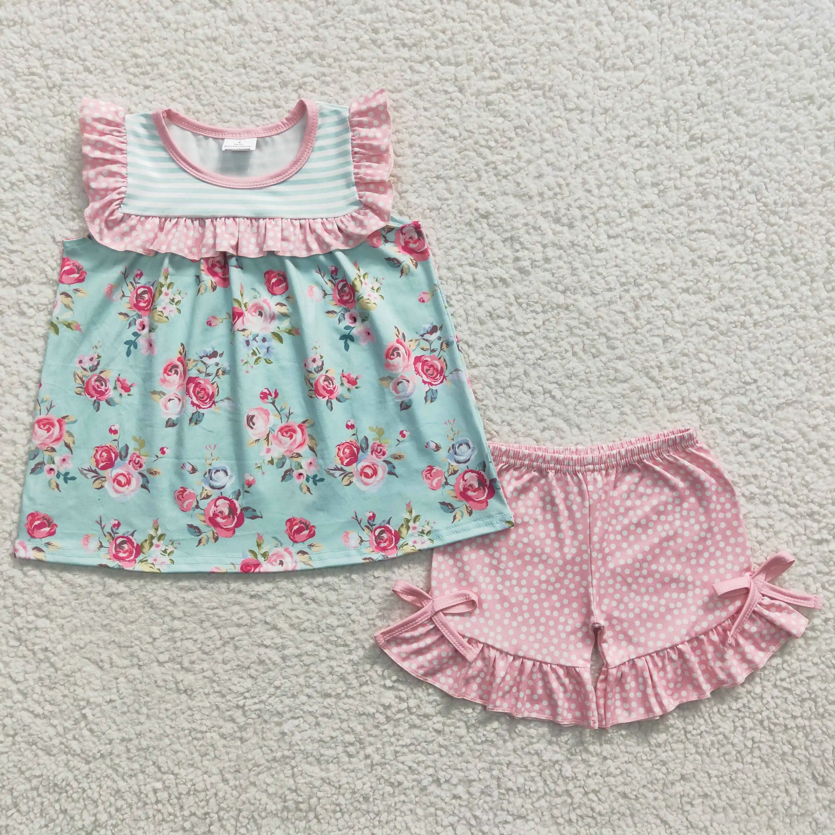 L​atest Update 2023 RTS Kids Spring Clothes Sets Baby Pink Dotted Suits Boutique Girls Floral Outfits