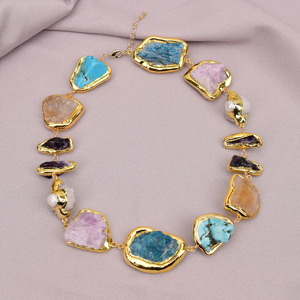 

G-G 18'' Natural Big Semi Precious Stone Rough Raw Amethyst Citrine Turquoise Apaite Pearl Chokers Necklace Handmade