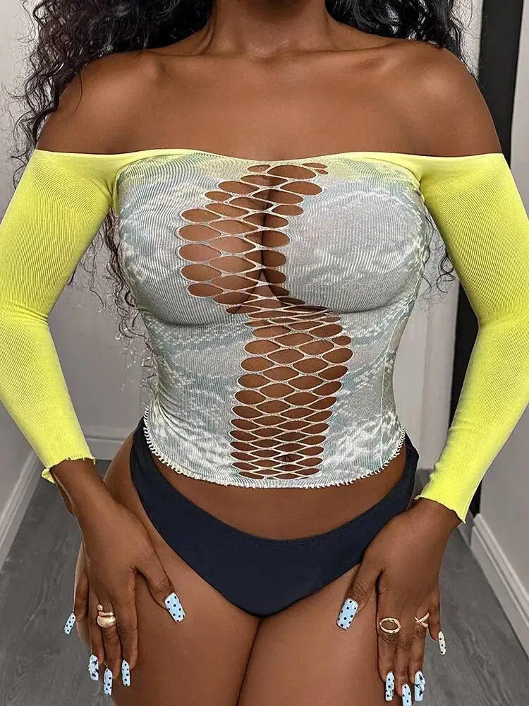 Printed Sexy Yellow Gray Hollow Out Bodysuits Sexy Thin Long Sleeve Mesh Bodysuits Off-the-shoulder For Nightclub Charming Y8G8
