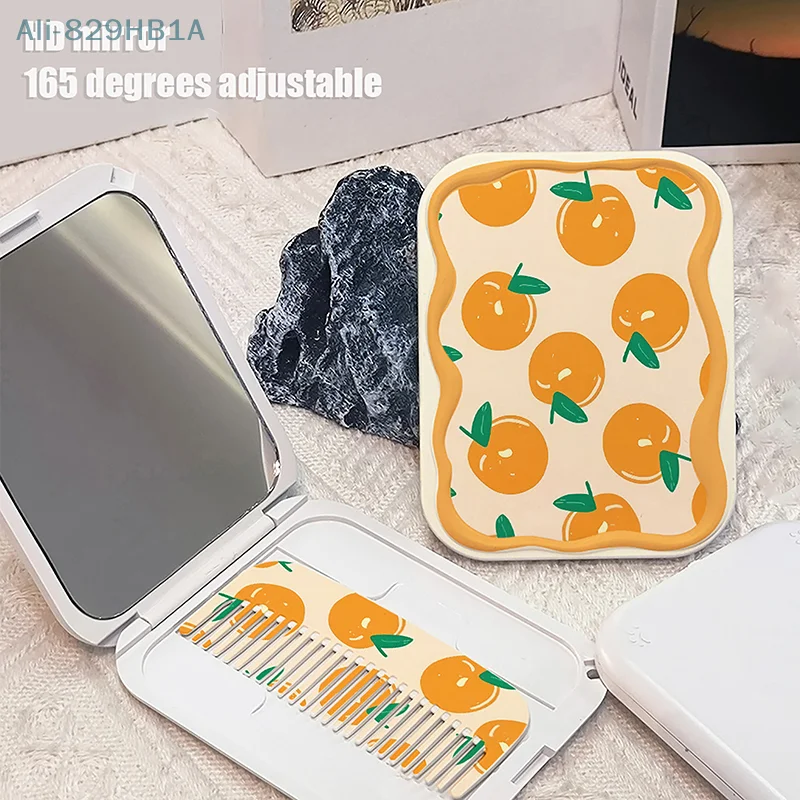 Full Orange Pattern Flip-Top Folding Makeup Mirror Portable Pocket Mirror Rectangle Cosmetic Mirror With Comb For Women Girls