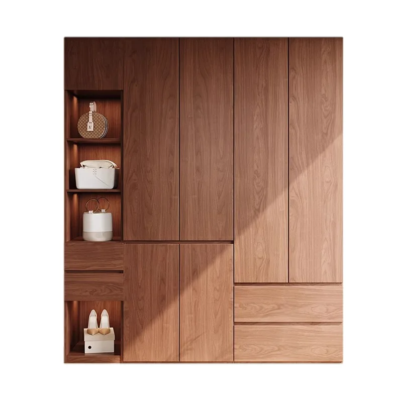 All solid wood wardrobe, bedroom walnut oak side cabinet, segmented free-handle wardrobe