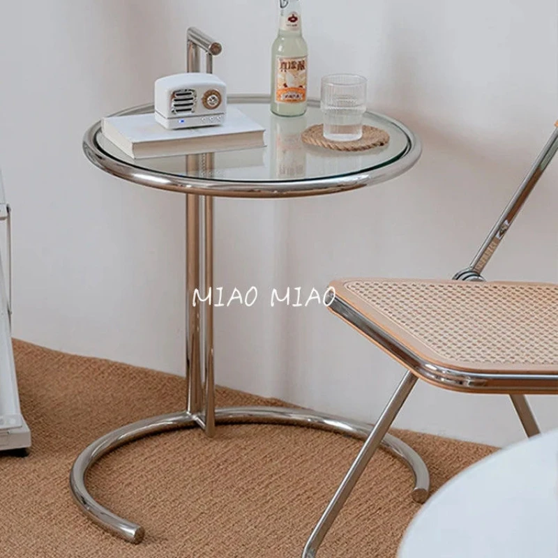 Flexible 61-91cm Glass Stainless steel Table Coffee Trolley Sofa Side Round Table Minimalism Furniture Bedside Corner Table