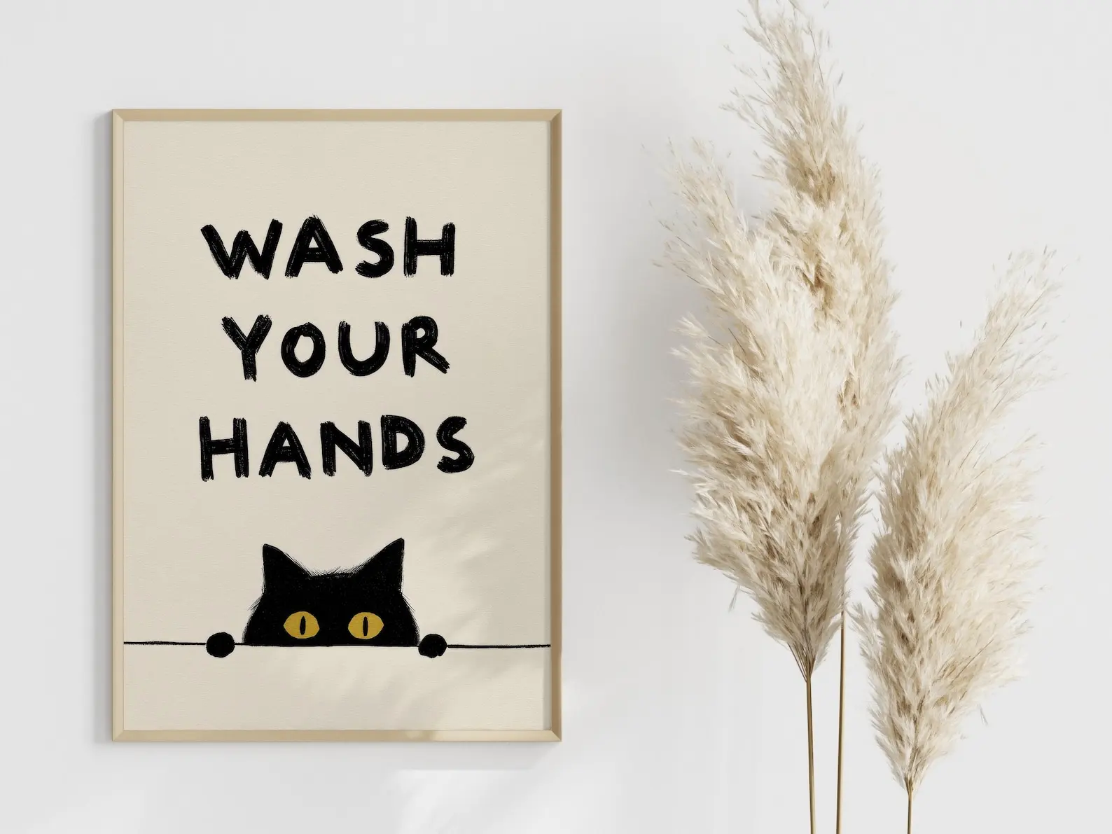 Funny Bathroom Canvas Wall Decor, Minimalist Peeking Black Cat Wash Your Hands Text Print, Neutral Cute Kitty Restroom Poster