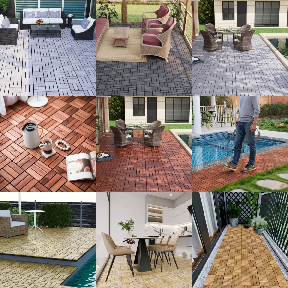 Solid Wood Deck Tiles Striped Waterproof All-Weather Drainable Tiles for Garden/Garage/Entryway DIY Quick-Install