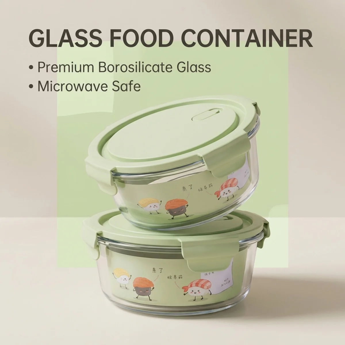 Ensemble de boîtes à lunch rondes en verre à motif de dessin animé vert, lot de 2, récipients de stockage alimentaire compatibles micro-ondes et four, récipients de stockage alimentaire compatibles four