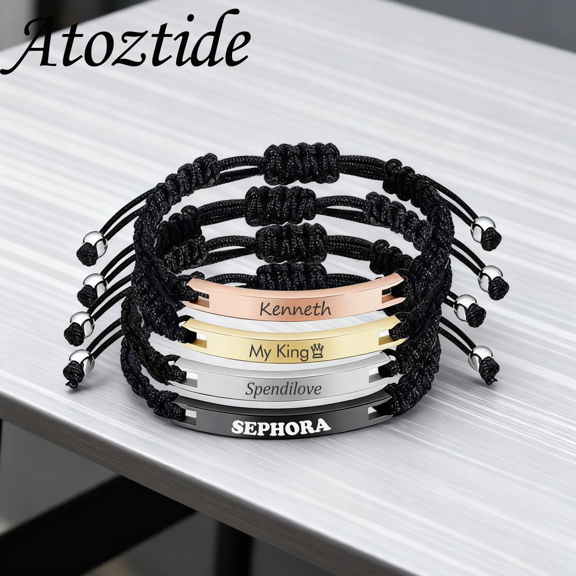 

Atoztide Engrave Name Bar Bracelet For Women Men Stainless Steel Jewelry Black Rope Chain Personalized Couple Christmas Gift