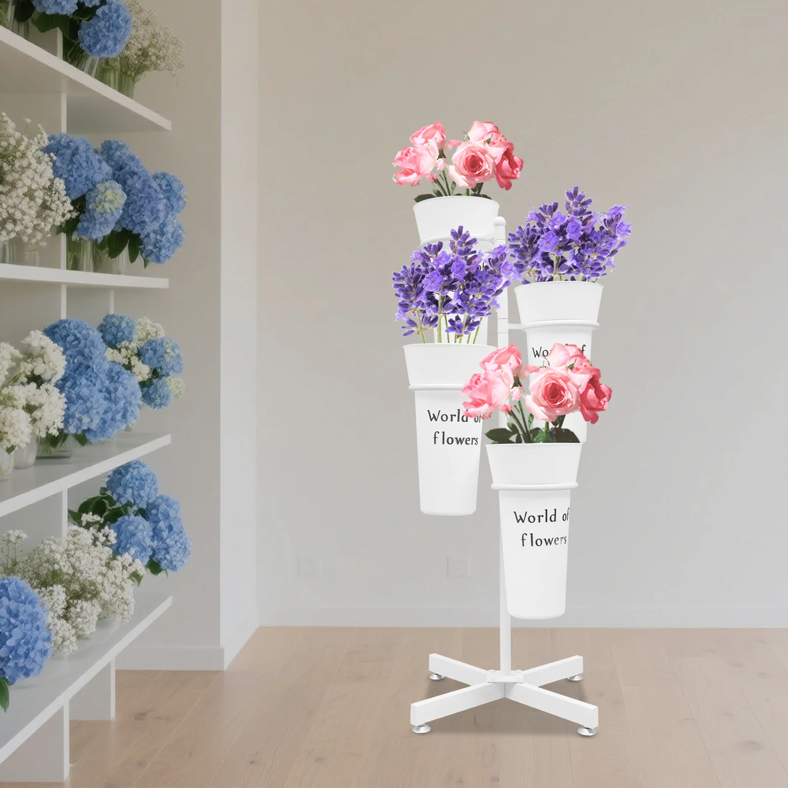 

White Iron Plastic 114cm Four-story Flower Stand with 4 Barrels Flower Display Stand Simple Flower Barrel Display Stand