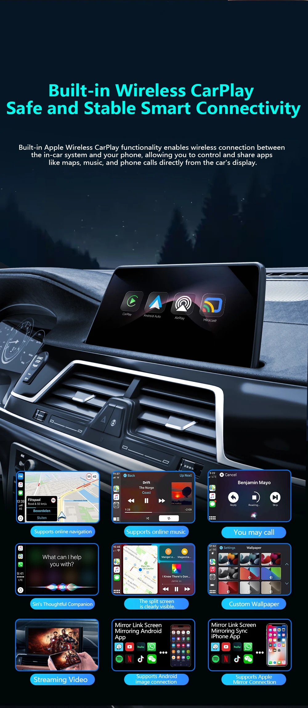 2026 Upgrade 4-in-1 Kabelgebundener zu Kabelloser CarPlay Android Auto Adapter mit Bildschirmspiegelung iOS CarPlay/Android Auto/Mirroring – Detail 16