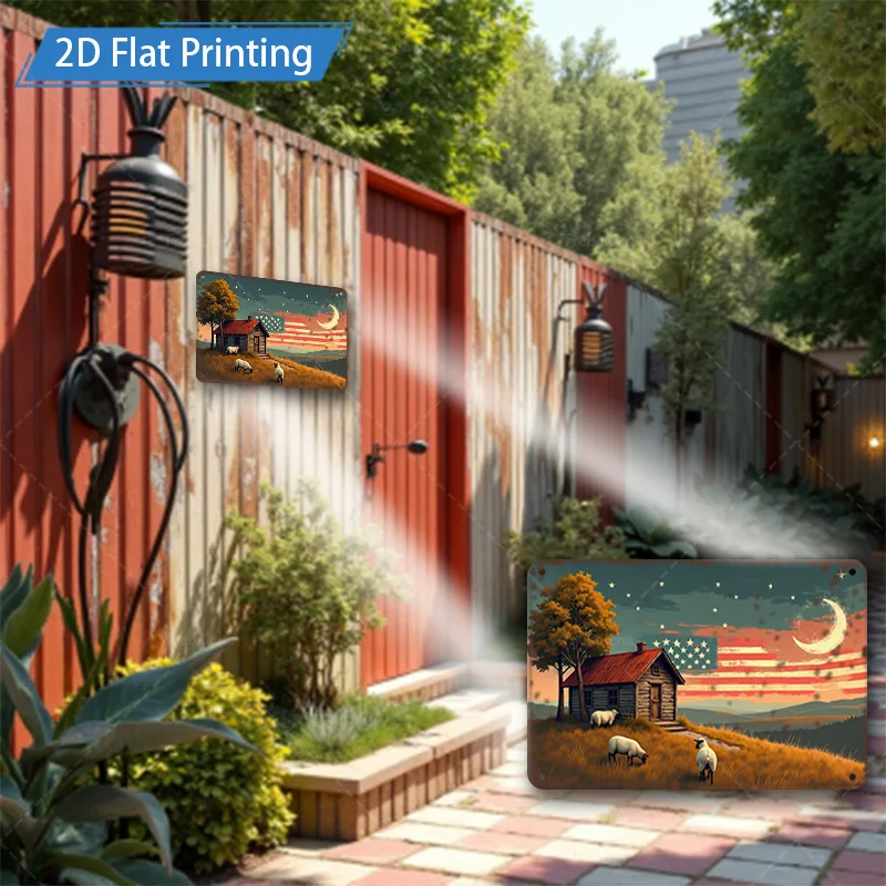 1pc 8x12inch Metal Sign Rustic Farmhouse with Sheep and American Flag Night Scene Metal Sign