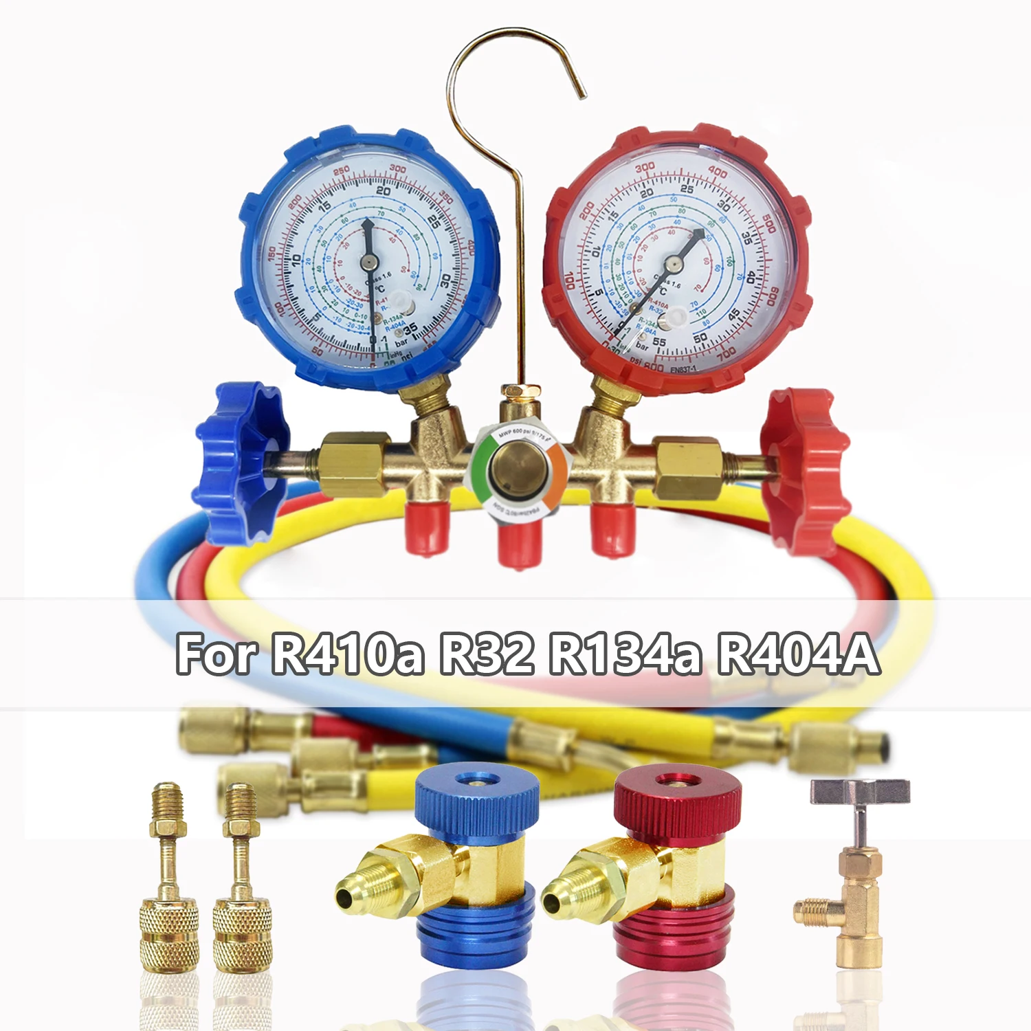 R134a Air Conditioning Pressure Gauge with Hose and Hook 3 Way AC Diagnostic Manifold Gauge Set Freon For R12 R32 R404A R134a