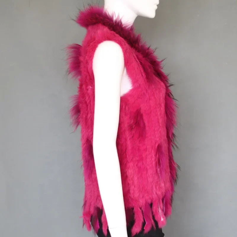 Classic style lady fashion rabbit fur vests soft fur gilets knitted vests