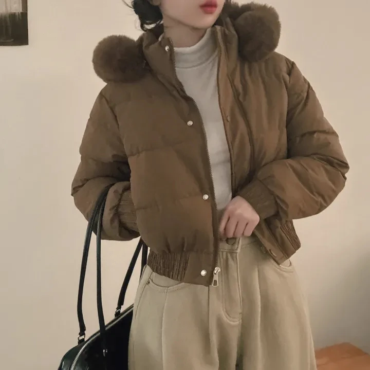 New Winter Warm Hooded Down Cotton Jacket Women Thickened Fleece Lining Big Fur Collar Long Sleeve Short Parkas Jacket Coat