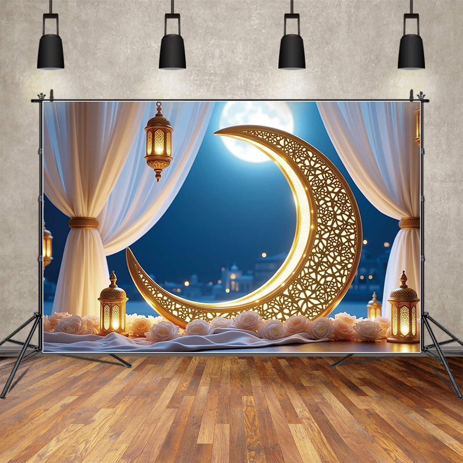 

HKFZ Ramadan Kareen Backdrop Moon Night Crescent Lantern Islamic Party Decoration Banner Background Home Photography Props