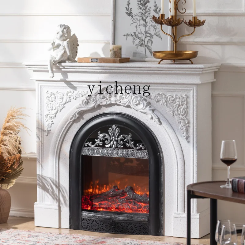 

ZC Vintage Fireplace Stone Paint Villa Entrance Art Curio Cabinet Heating Electronic Fireplace Simulation Flame