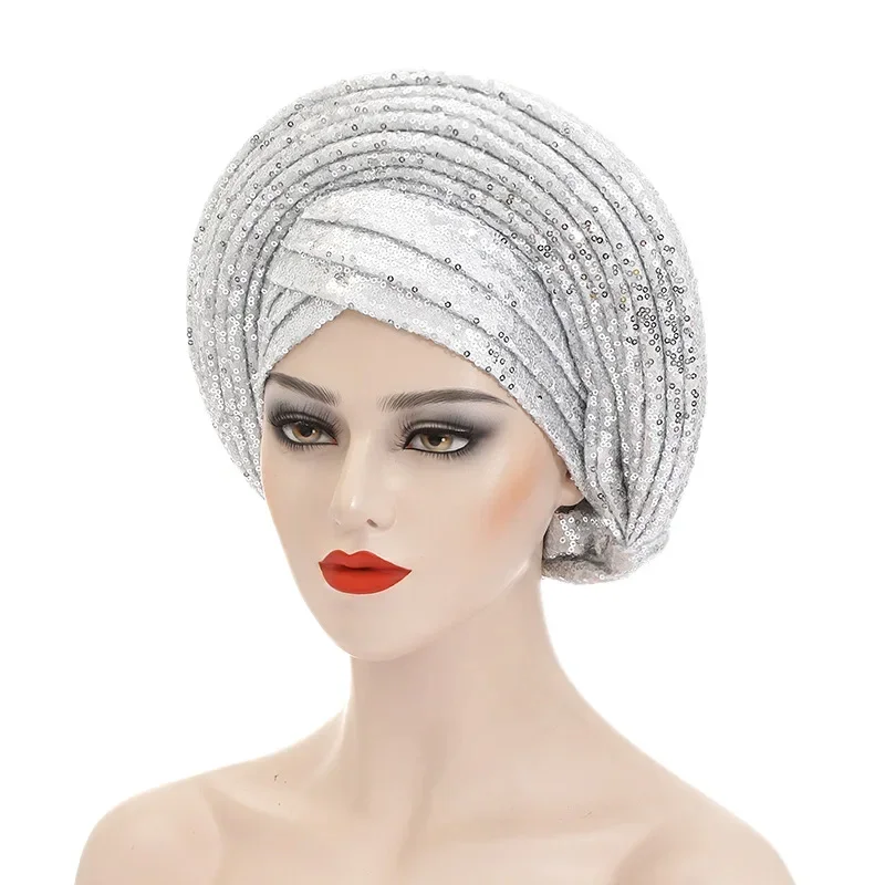 Nigeria Turban Cap Headpiece Sequins Autogele Headtie for Women African Head Wraps Wedding Party Already Made Geles