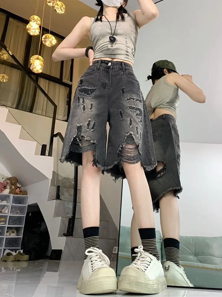 Pantalones cortos vaqueros con agujeros Vintage americanos para mujer, pantalones cortos de pierna ancha de cintura alta de verano, nuevos pantalones rectos sueltos de cinco puntos 2025