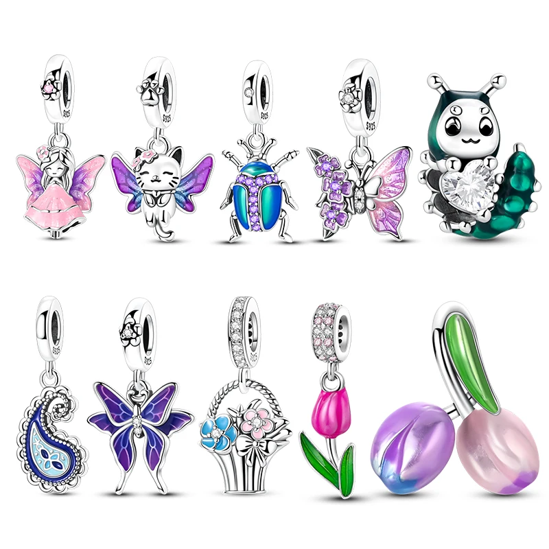 

New in Charms 925 Silver Glazed Tulip Beads & Butterflies Charms Beads Fit 3mm Original Bracelets Womens DIY Fine Jewelry Gifts