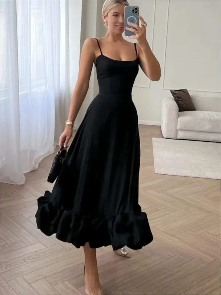 Solido elegante rosa pieghettato Spaghetti Strap Dress moda donna senza maniche Backless a-line abiti Lady Chic banchetto Party Robe