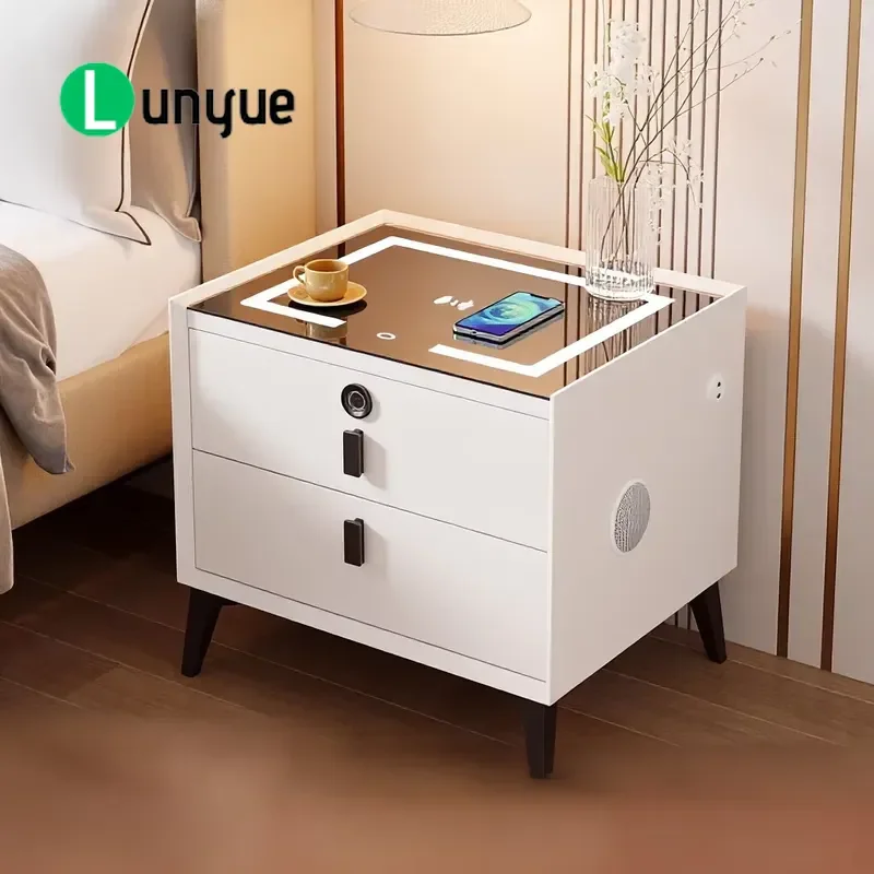 Modern 2 Drawer Smart Bedside Table with Fingerprint Lock Wireless Charging LED Light Bluetooth Speaker for Bedroom Furniture