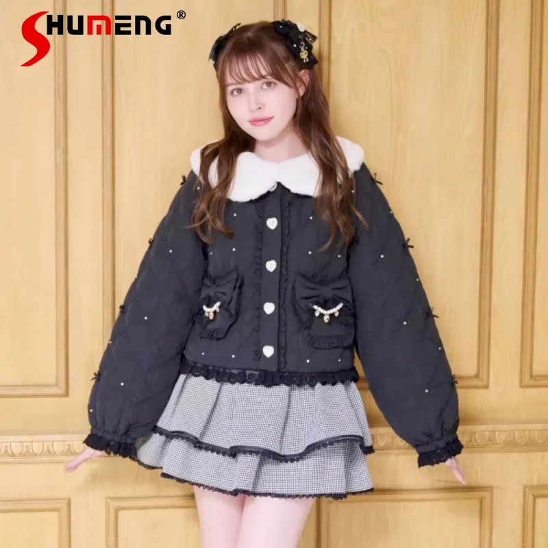 

Японская короткая милая парка Liz Lolita, зимнее новое тяжелое кружевное пальто с бантом и бисером для женщин, теплая элегантная короткая верхняя куртка с меховым воротником