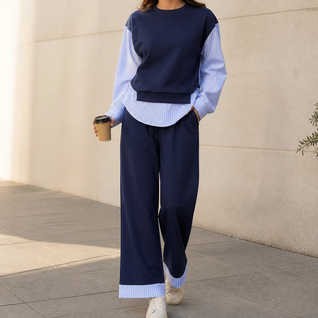Casual Striped Set Full Length Sweet Fresh Women Sets with Shirt Top Patchwork Construction Long Sleeve Summer High Waist Pants