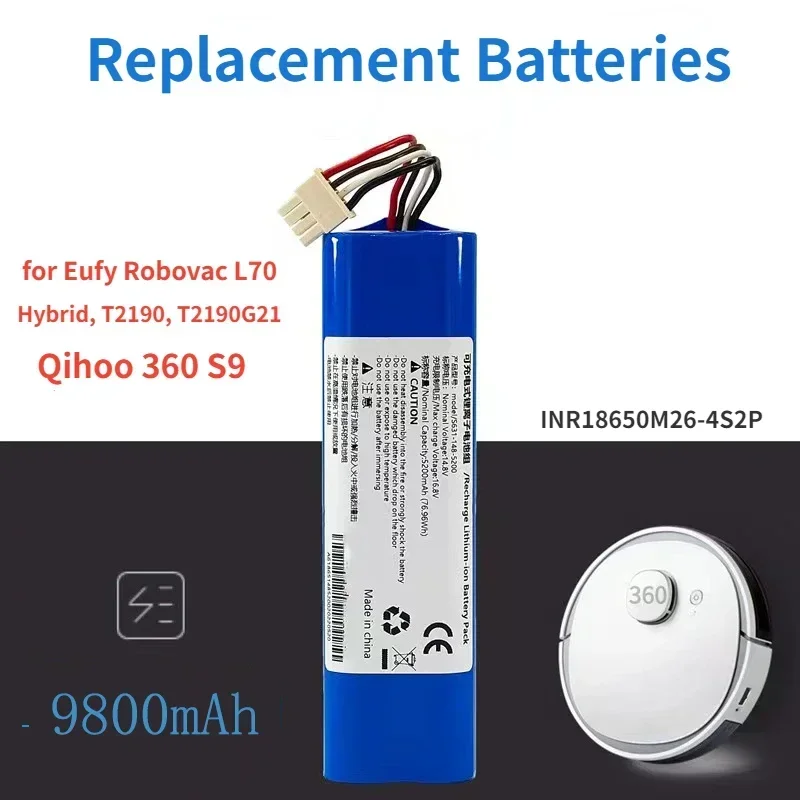 New 9800mAh Replacement Battery for Eufy Robovac L70 Hybrid, T2190, T2190G21 Replacement Batteries 14.4v 18650 Battery Pack