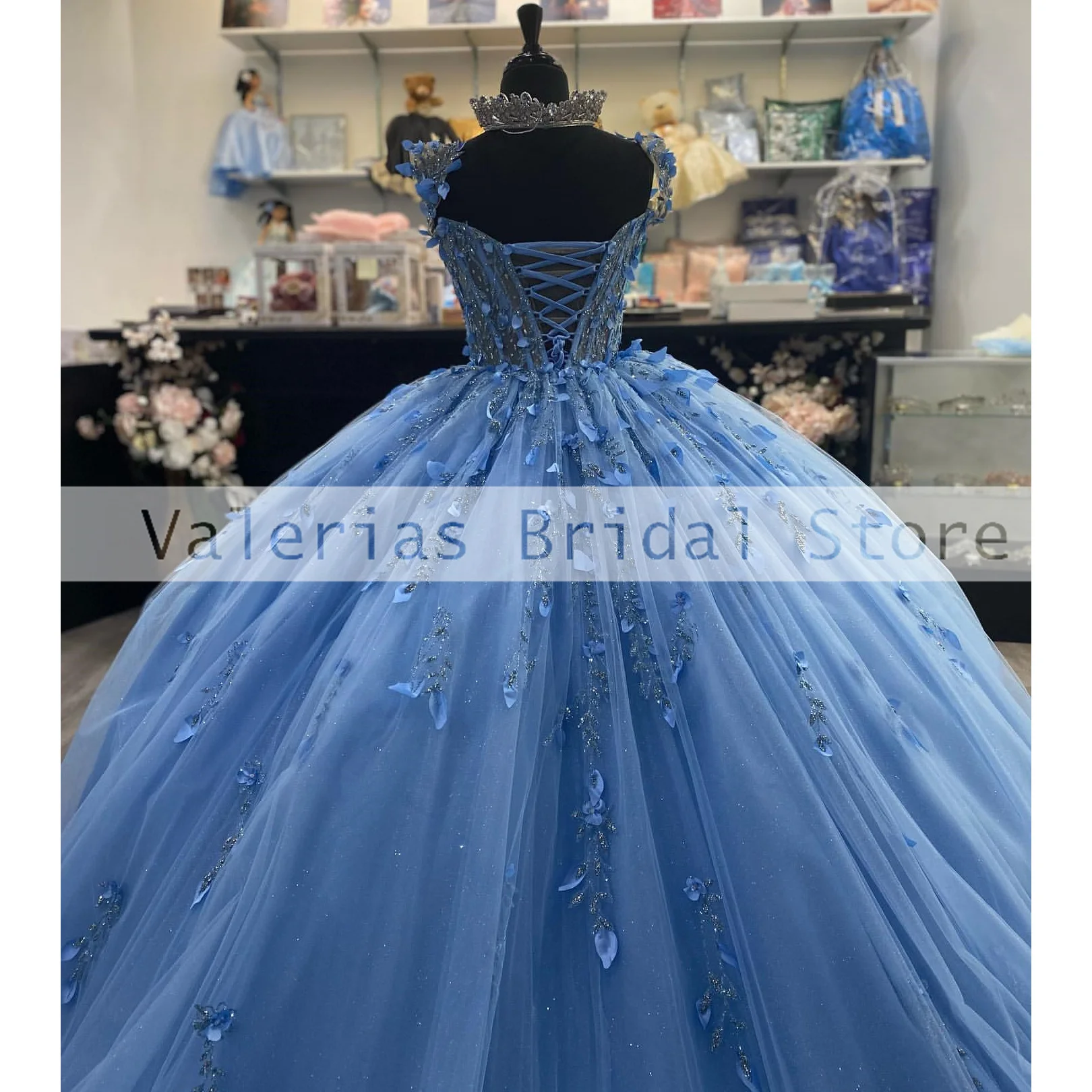 Gaun Sky Blue Quinceanera gaun pesta renda applique gaun pesta Formal Vestido De 15 quincealeras disesuaikan