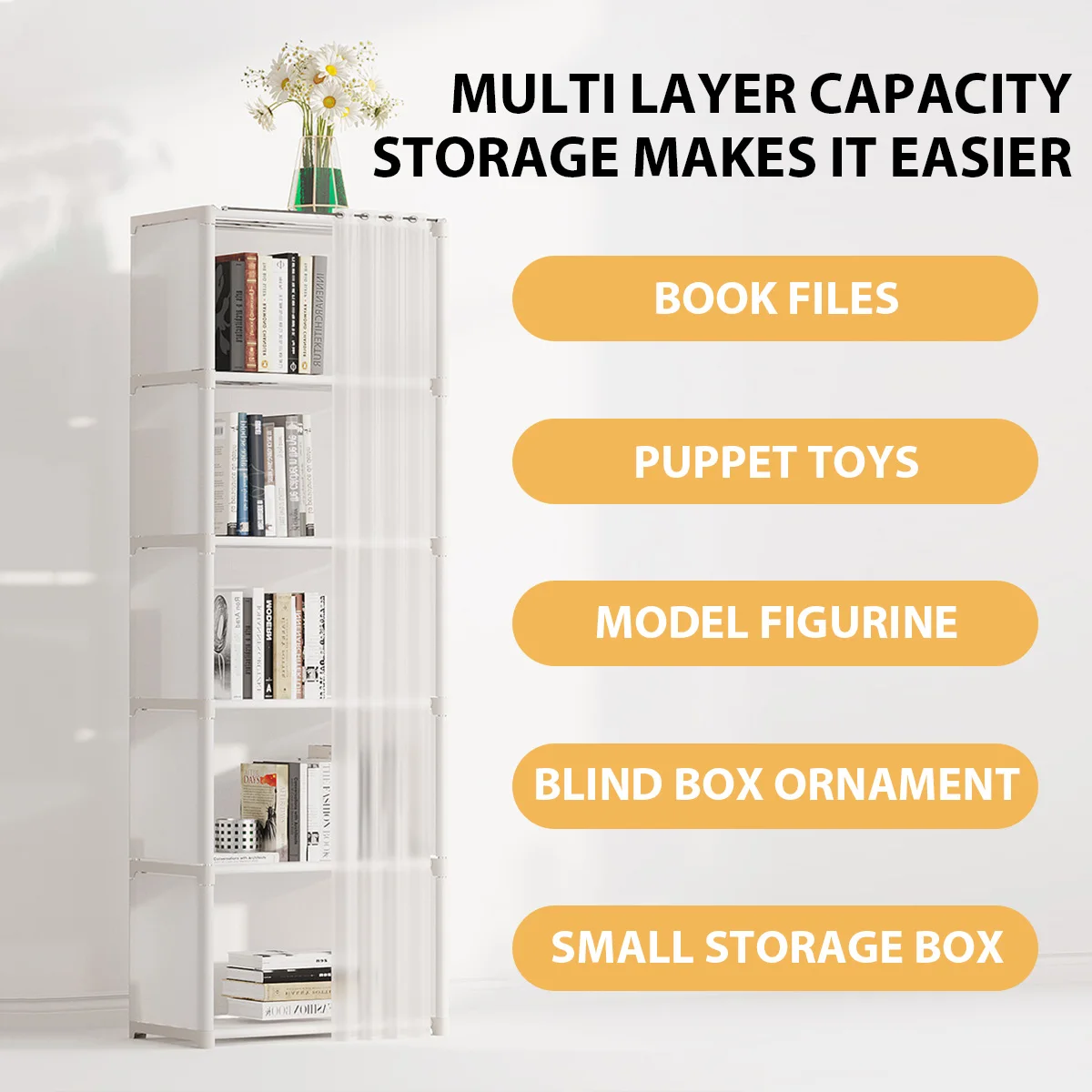 Multi Functional Dust-proof Wardrobe with Curtains 5/6 Layers Large Capacity Storage Cabinet Simple Assembly Partition Bookshelf