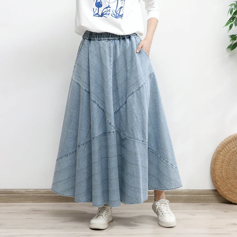 Free Shipping 2023 New Vintage Long Maxi Women Elastic High Waist Autumn Winter Denim Lady Solid Color Skirt With Pockets