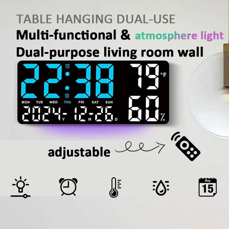 New Large Digital Wall Clock with Atmosphere Light TEMP Humidity Date Week Display Remote Control Power Off Memory Table Clock