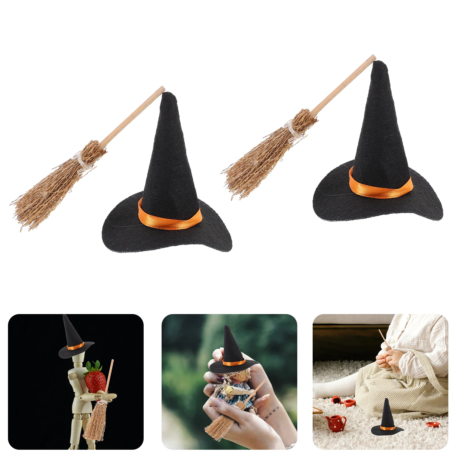 7 Set Baby Toy Room Halloween Felt Witch Hat Child Costumes for Kids Wizard Hats Dolls Wooden Fabric Decor Broom Craft