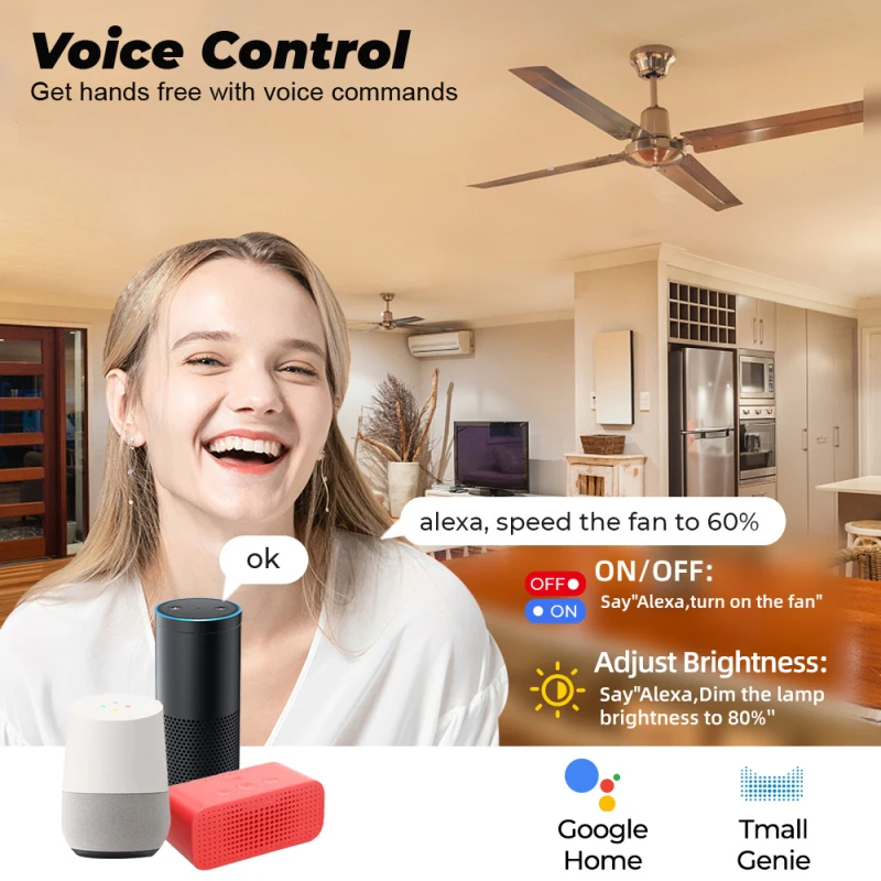 Xiaomi-Tuya WiFi Smart Fan Speed Switch Controller, Interruptor Ventilador de Teto, Smart Life App, Controle Remoto, Trabalhar com Alexa, Google Home