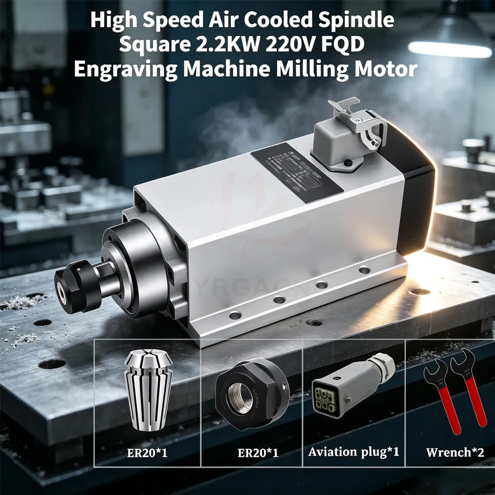 2.2KW Square Air Cooled Spindle Motor 4 Bearings Flange Fixing ER20 220V 18000RPM Engraving Drilling Machine Parts