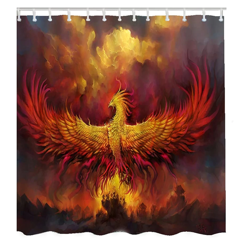 Fantasy Phoenix Shower Curtain Fire Burning Rising Phoenix Mystic Bird Waterproof Fabric Shower Curtains for Bathroom with Hooks