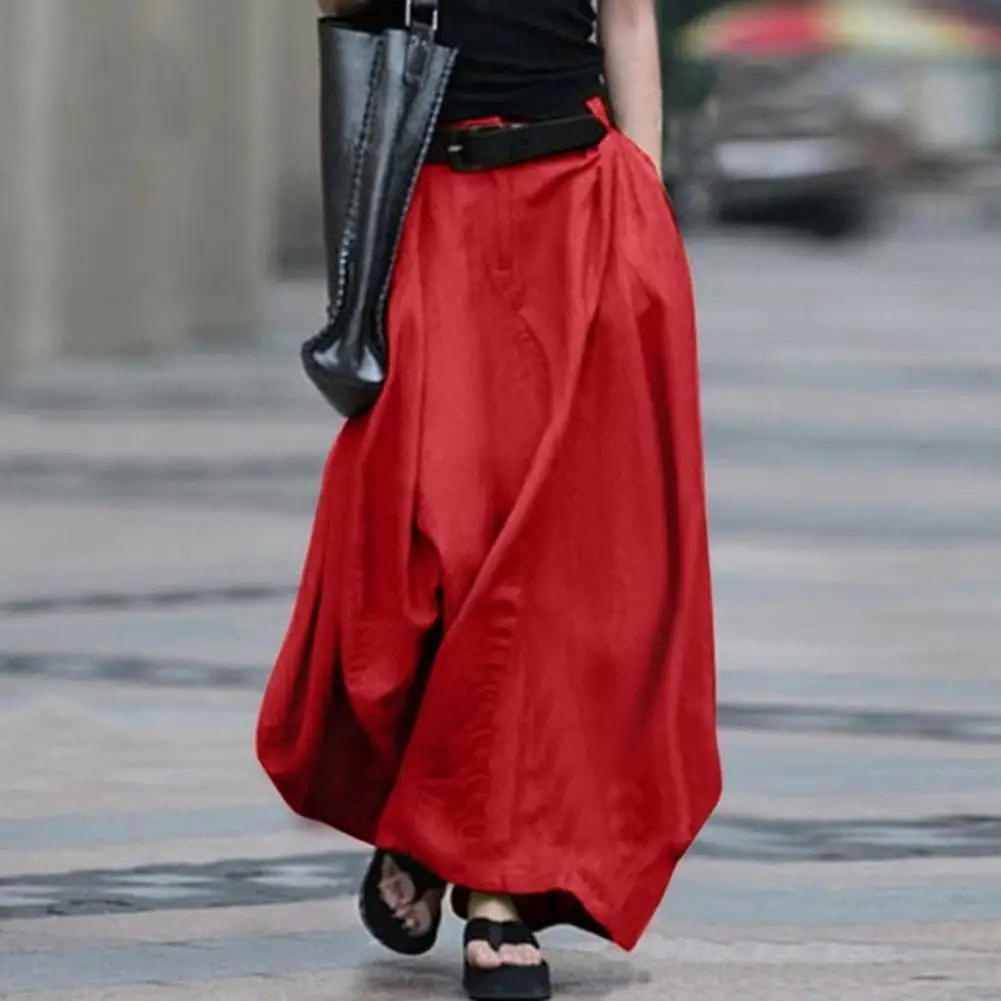 

Wide Hem Maxi Skirt Elegant A-line Maxi Skirt Stylish Elastic High Waist Button Zipper Fly Solid Color Hem for Wear Elastic