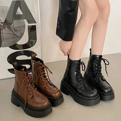 Lace Up Round Toe Boots Women New 2025 Female Shoes Winter Footwear Clogs Platform Ladies High Heel Rubber Rock Autumn Ankle