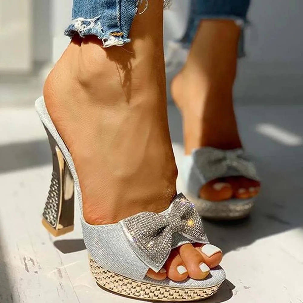 Trendy Fashion Female Bowknot Sexy Slippers 2022 Summer Slippers Women Platform Crystal Thick High Heels Shoes Woman