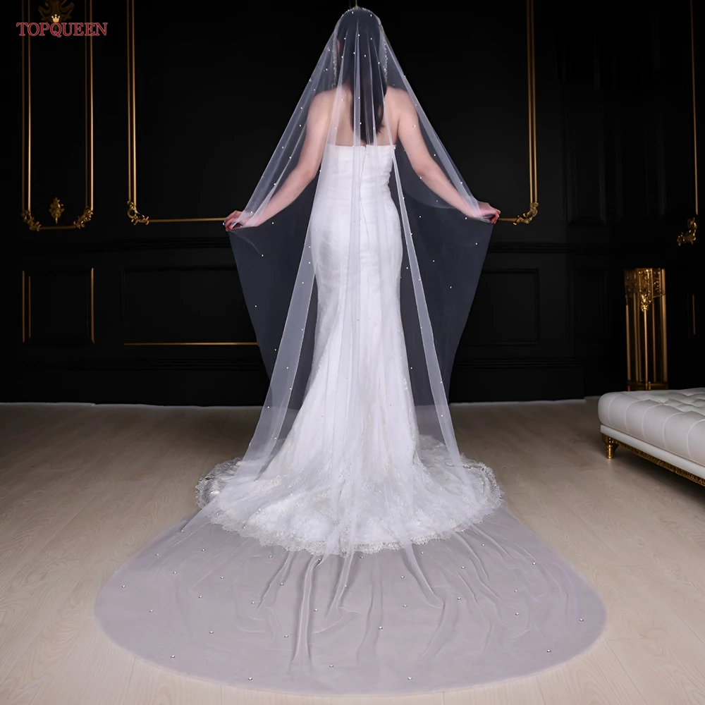 TOPQUEEN V207 Pearls Wedding Veil 1 Tier Long Bridal Cathedral Veil With Pearls Mantilla Luxurious Tulle Crystal Bride Veil