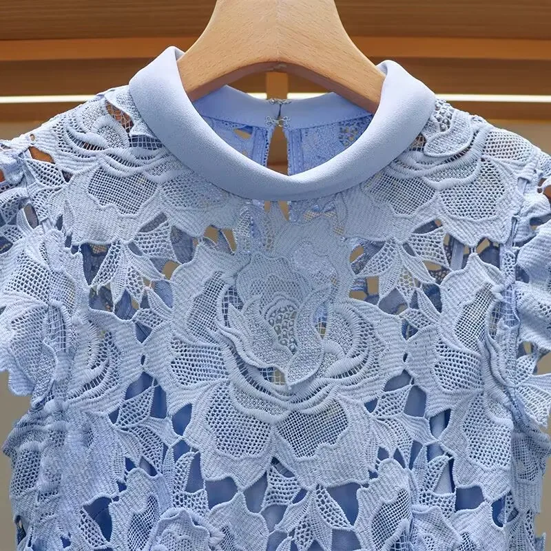 

2025 Spring New 3D Floral Hollow Out Women Lace Midi Dress Short Sleeve Stand Collar Party Dress