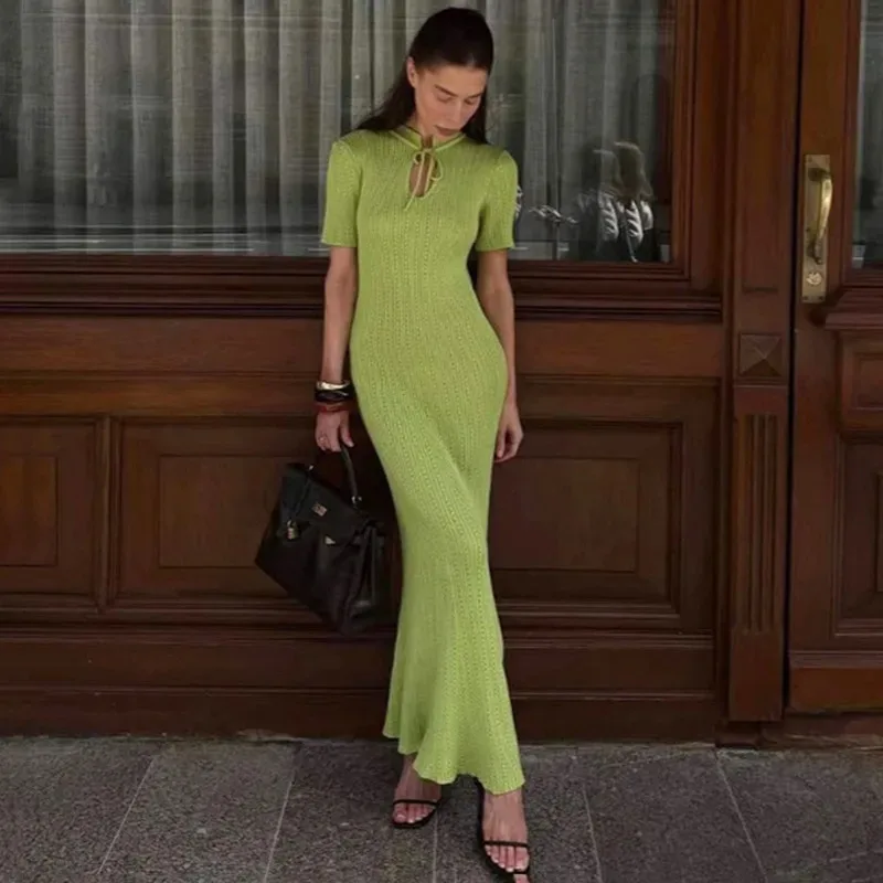 

Tuularose Solid Knitting Long Dress Women's Lace Up O Neck Short Sleeve High Waist Sweater Dress Female Office Lady Slim Dresses