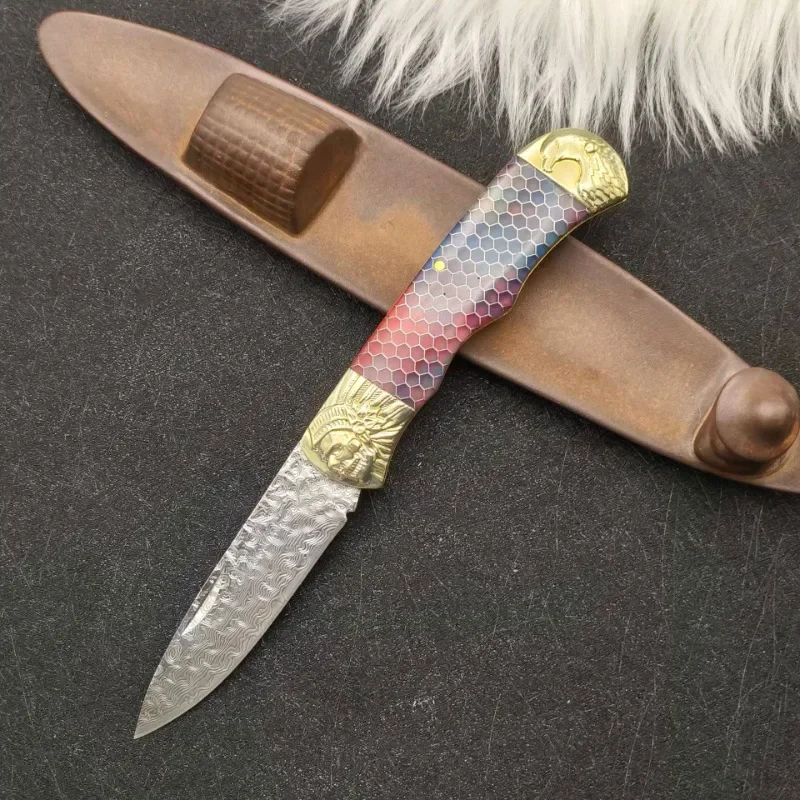 

Luminous Fiber Handle Folding Blade Knife Damascus Steel Sharp Outdoor Camping Pocket Knifes Hand Tools With 61HRC