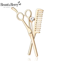 Beaut&Berry Classic Rhinestone Scissors Brooches for Women Comb Tool Pins Casual Party Accessories New Gifts Friends Decoration
